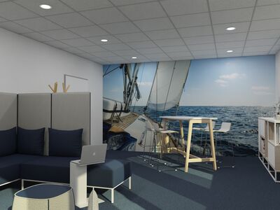 Aufenthalt und Kommunikationszone im Büro mit Wandgestaltung