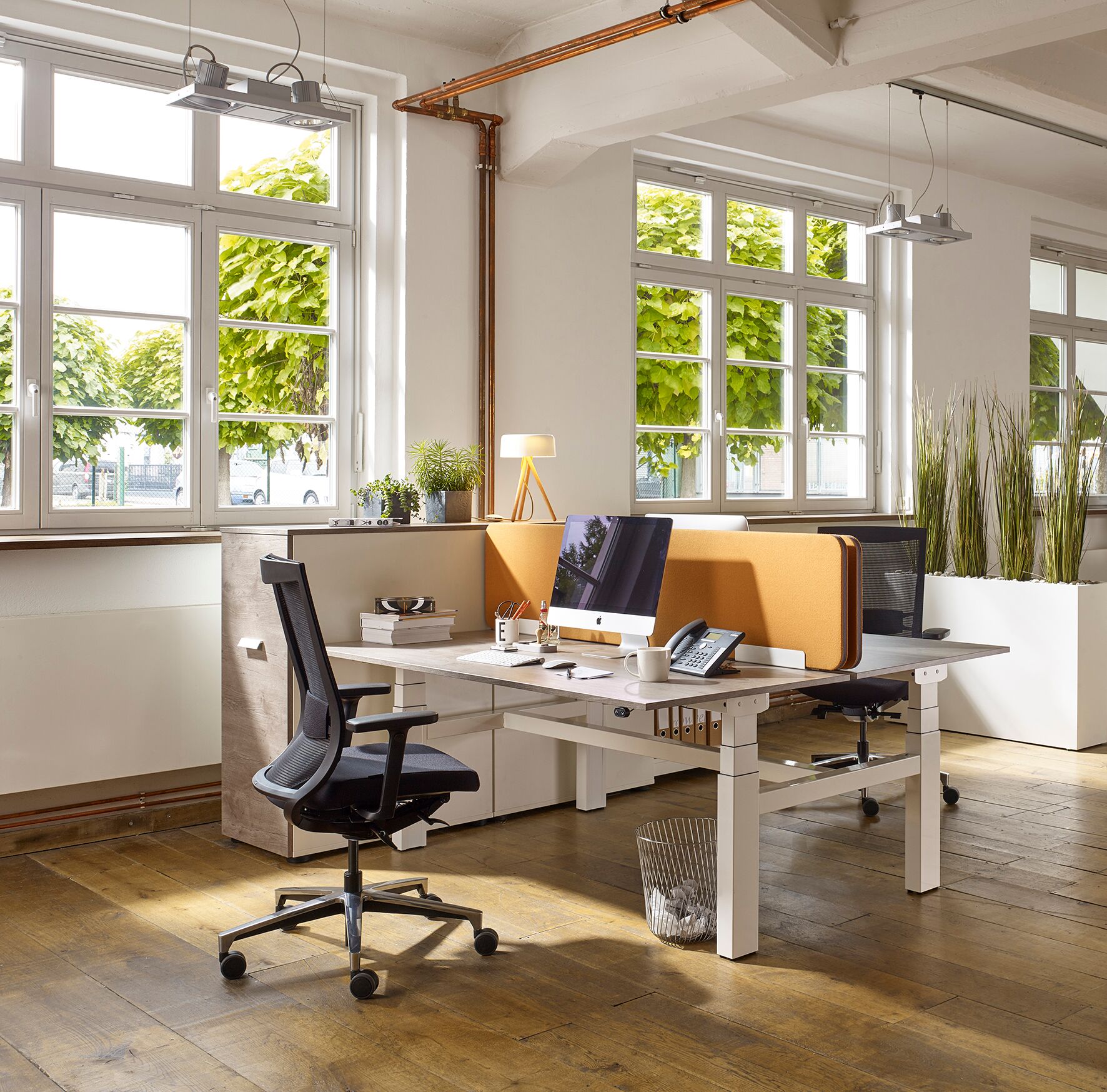 Höhenverstellbarer Schreibtisch mit Motor und passendem Drehstuhl