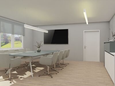 Moderner Konferenzraum mit Mediatechnik in beige