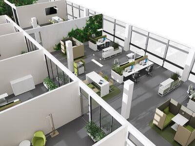 Mordernes Großraumbüro mit Arbeitsplätzen und Kommunikation